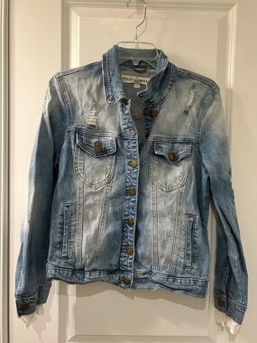 Ashley Mason Faded Light Blue Distressed Denim Jacket with Lace Sleeve Detail
